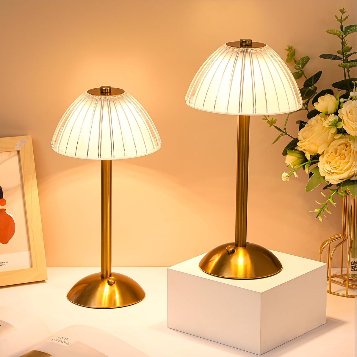 Liliful 4 Pcs LED Portable Cordless Table Lamp Touch Battery Operated Rechargeable Desk Lamp 3 Color Dimmable for Bedroom Living Room Dining (Mushroom Style,Gold)