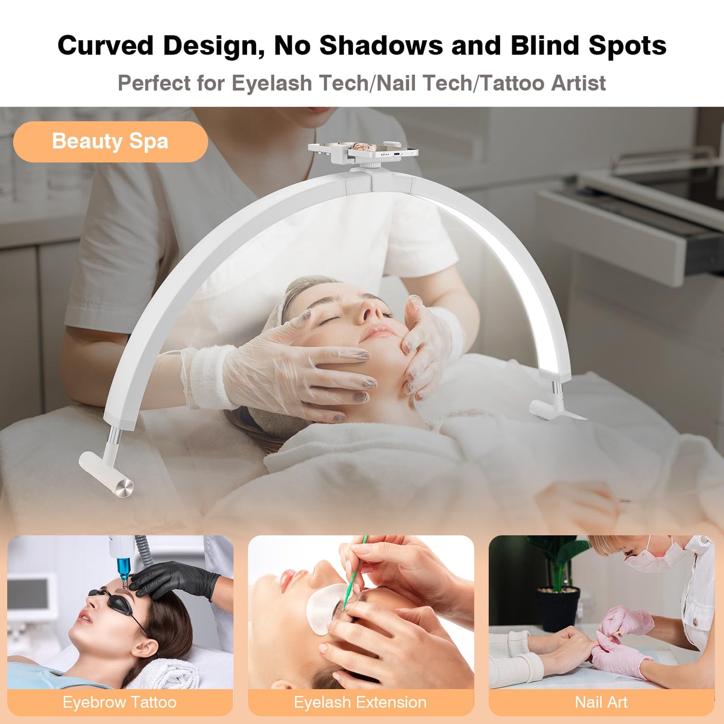 Mznoo Half Moon Light for Nail Desk, 30'' Large Half Moon Desk Lamp with Phone Holder, Professional Nail Tech Light with 3 Color Modes and 5 Brightness for Manicure Salon and Handicraft (White)