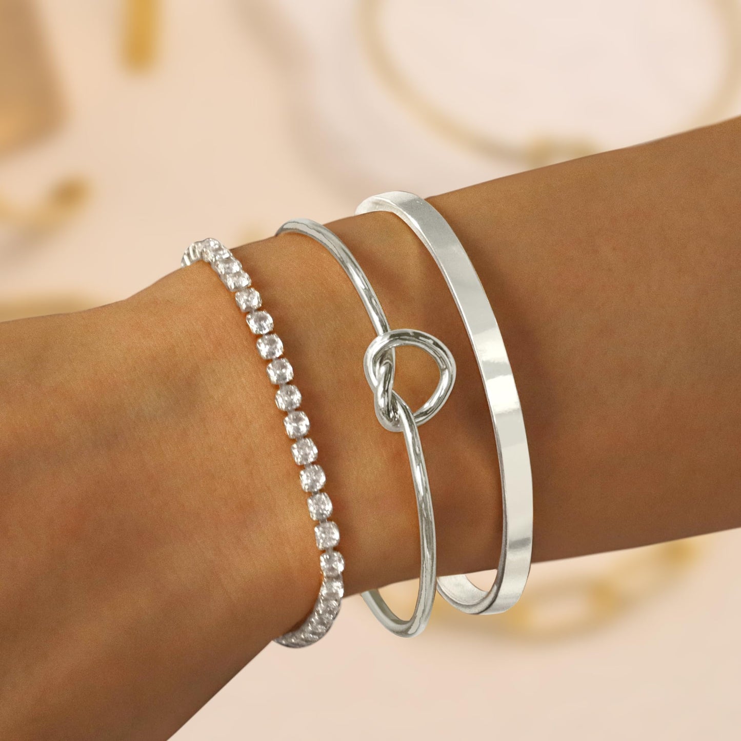 Zalcon Silver Stack Bracelets for Women Sterling Silver Plated Bangle Cuff Bracelet Jewelry Set for Women