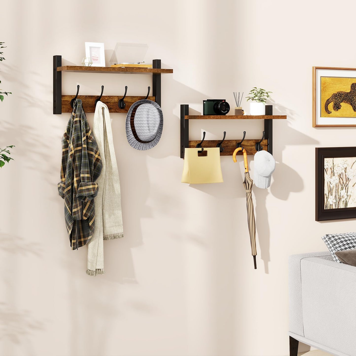 YMYNY Coat Rack Shelf Wall Mounted, Coat Hooks Set of 2, Entryway Coat Hanger with 8 Hooks, 31.5" Wall Floating Shelf with Hat Rack, for Kitchen, Bedroom, Bathroom, Rustic Brown UHWS001H-2