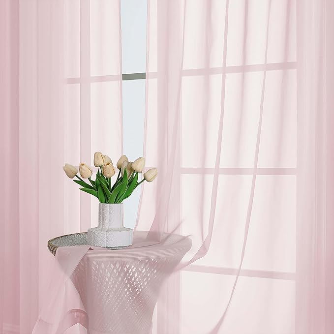 Lecloud Blush Pink Sheer Curtains 63 Inch Length 2 Panels Set, Rod Pockets Voile Bedroom Curtains for Living Room, Soft Light Filtering Window Treatments Drapes for Bathroom, Each Panel 59" W x 63" L