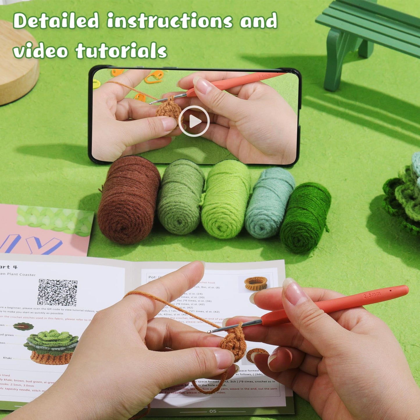 LUNARM Crochet Kit for Beginners, Crochet Start Kit Green Plant Coasters with Step-by-Step Video Tutorials, Easy-to-Learn Knitting with Hook and Yarn, Beginner-Friendly
