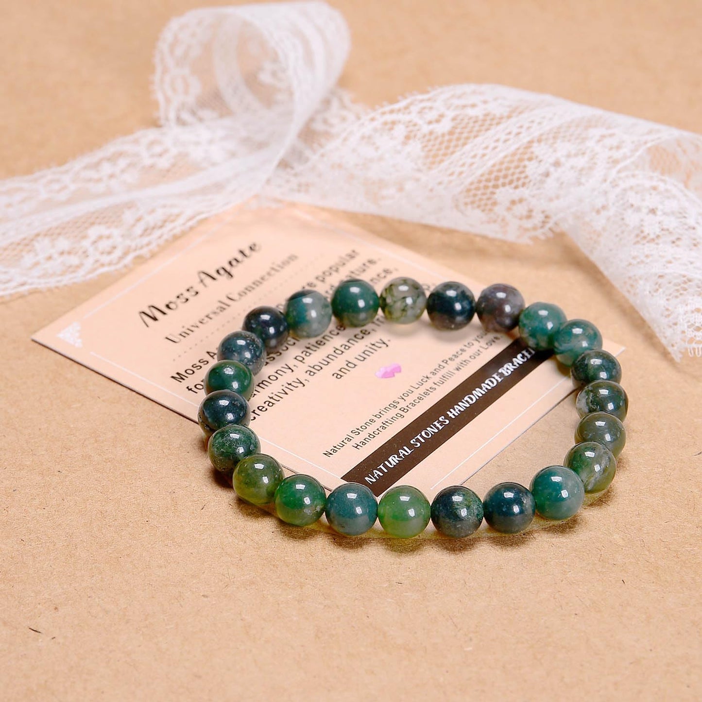 AD Beads Handmade Gemstone Stretch Elastic Bracelet Crystal Healing Reiki Nature's Beauty and Spiritual Essence Unisex (10mm, Moss Agate (Universal Connection))