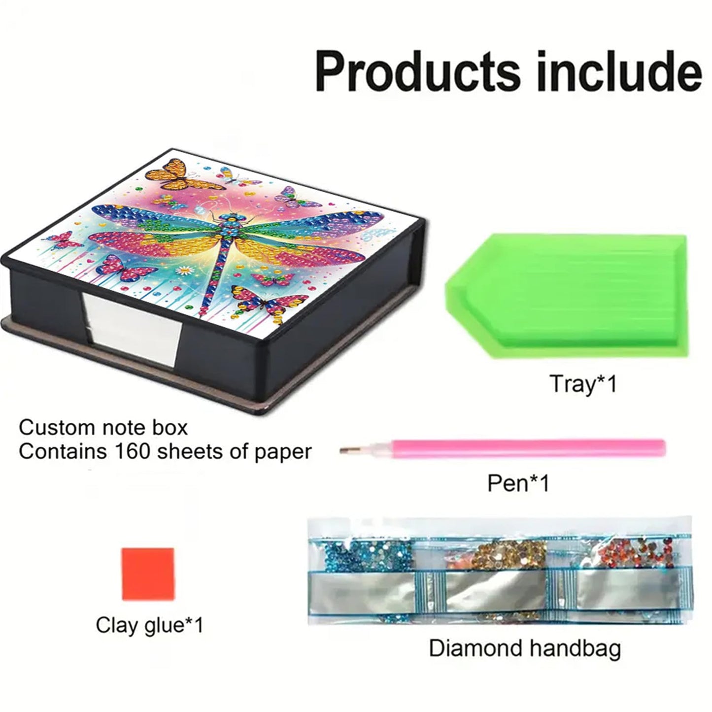 POETRYDRAW 5D DIY Diamond Art Painting Notecard Box Dragonfly– Memo Pad Sticky Note Holder with 160 Sheets, Gem Art Notecard Organizer for Adults