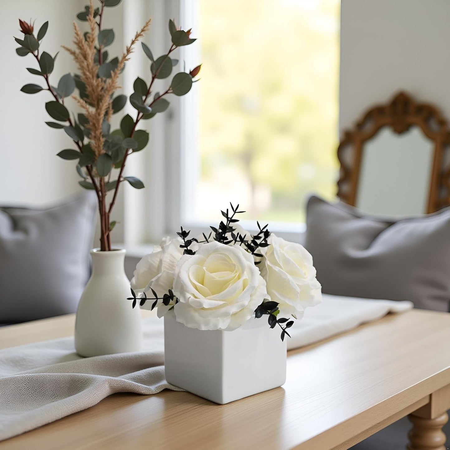 NAWEIDA Artificial Flowers with Vase, White Rose Faux Floral Arrangement with Black Eucalyptus, Minimalist Small Flower Decor for Desk, Coffee Table, Modern Home Decoration