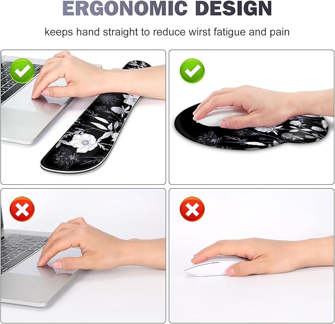 Gaming Mouse Pad, Large Desk Mat, Cute Desk Pad Protector, 4in1 XXL Mousepad + Keyboard Wrist Rest+Mouse Wrist Rest+Coaster Set with Ergonomic Desk Pad for Home Office PC Computer, Black White Flowers
