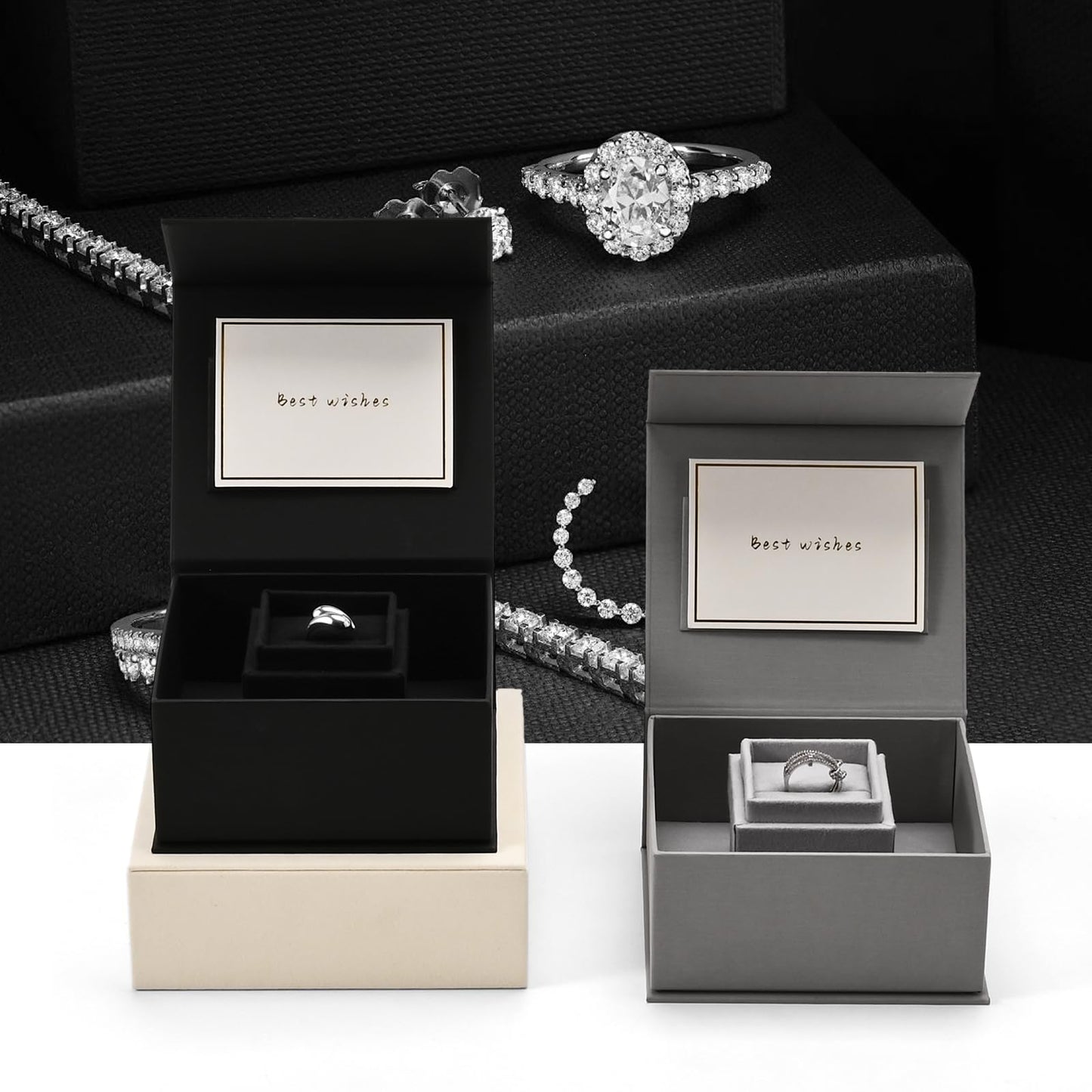 Oirlv Ring Gift Box with Lid Magnetic Gray Boxes for Wedding Proposal Gift Birthday Present with Card(Gray)