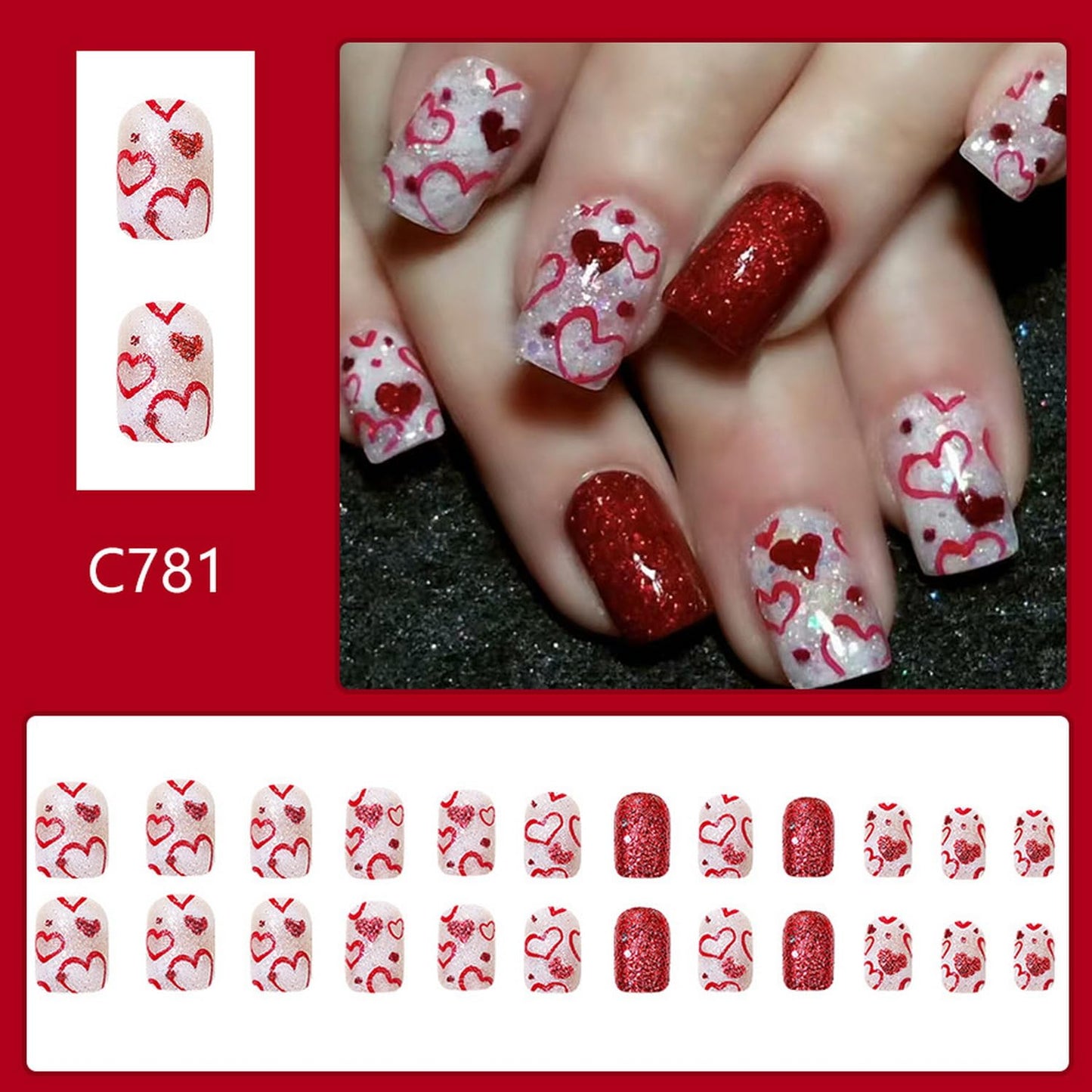 24 Pcs Valentines Nails - Press On, Short Square Heart, Full Cover, Glitter Design, Acrylic, Red, False Nails - Glue On, DIY Manicure