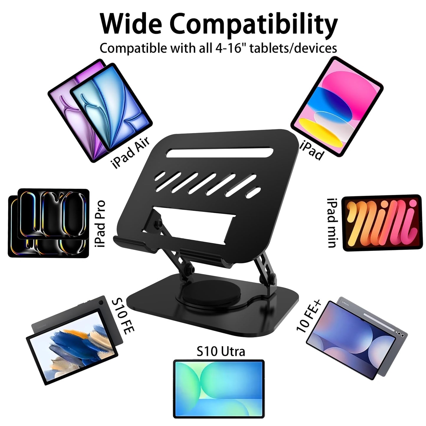 TAPMEI Tablet Stand, 360° Rotation Dual-Arm Support iPad Holder Office Desk Accessories, Foldable iPad Air Holder Travel Accessories for Desk Men Gifts Fits All 4-16" Tablet (Black)