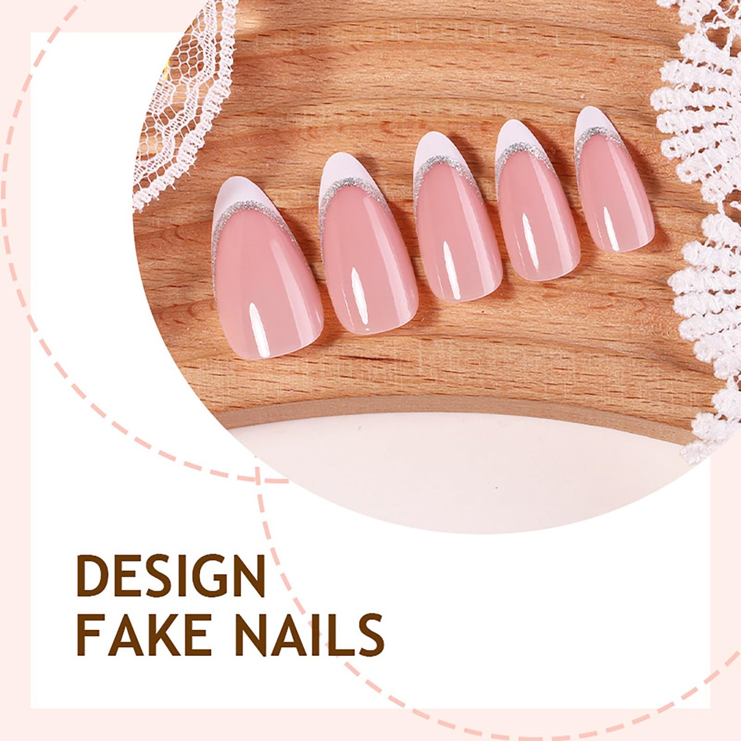 Short Almond Press on Nails With White French Tip Fake Nails Nude Pink Press ons with Silver Line Design Acrylic False Nails Glossy Artificial Stick on Nails for Women Girls 24 Pcs