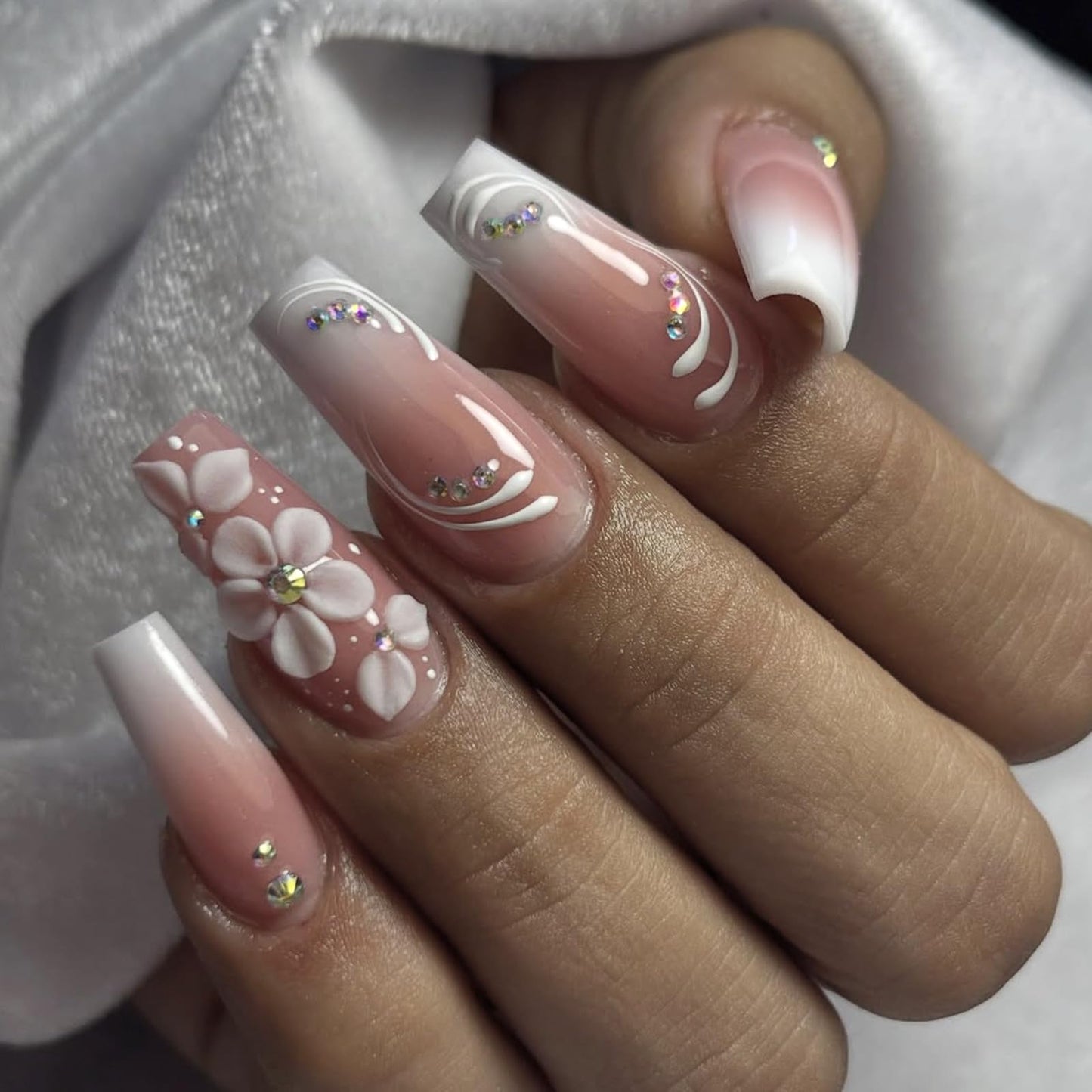 MISUD Press on Nails - Long Coffin Fake Nails with Pink White Ombre, Acrylic Flower Rhinestone Design 24 pcs