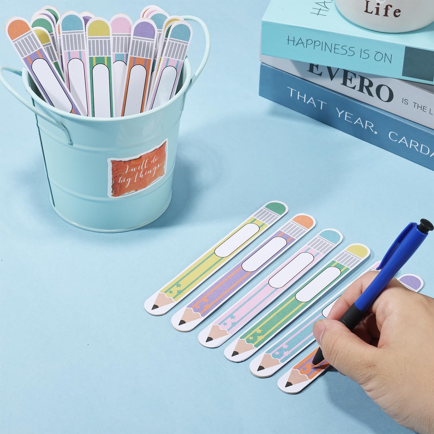 Pencil Flip Name Sticks with Box and Sticker Customized Wooden Stick Stickers Flip Name Sticks for Classroom Management Teacher Essentials Student Educational and Learning Activities,Blue
