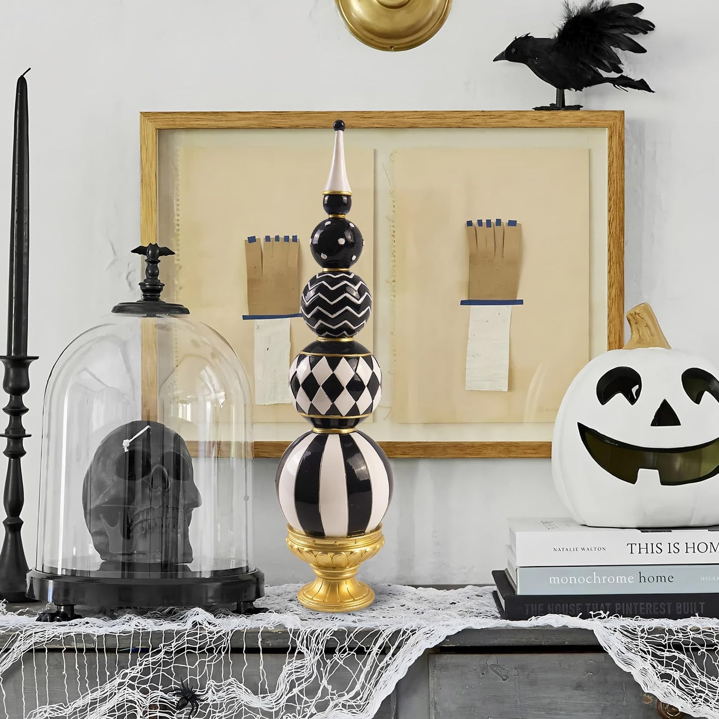 Bechivie Black and White Checkered Decor, 15.7 Inch Resin Modern Sphere Sculpture, Table Top Mantel Office Desk Shelf Halloween & Christmas Decorations for Home Statue
