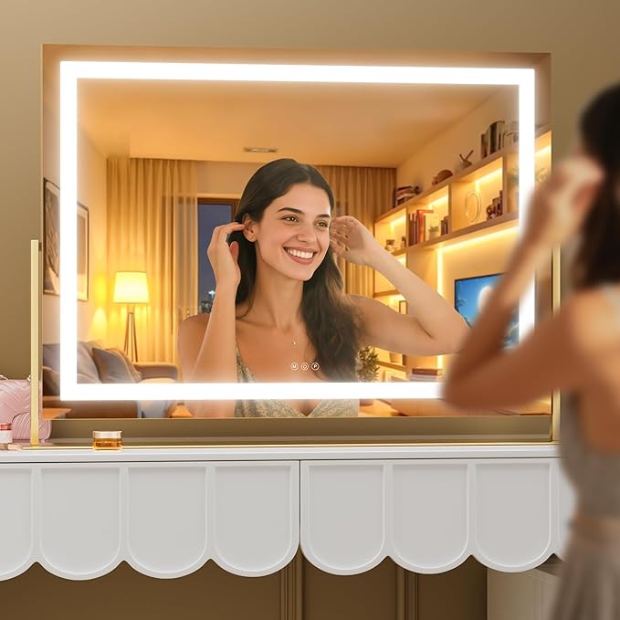 Hasipu Vanity Mirror with Lights, 28" x 20" LED Makeup Mirror, Light up Mirror with 10X Magnification and Phone Holder, USB Charging Port, Smart Touch 3 Colors Dimmable, 360° Rotation (Gold)