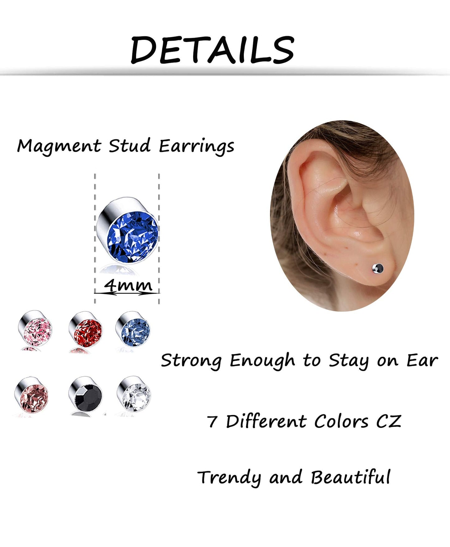 Tornito 24 Pairs Magnetic Stud Earrings Multi Color Cubic Zirconia Clip on Non Piercing Earrings Set for Women Men 4MM