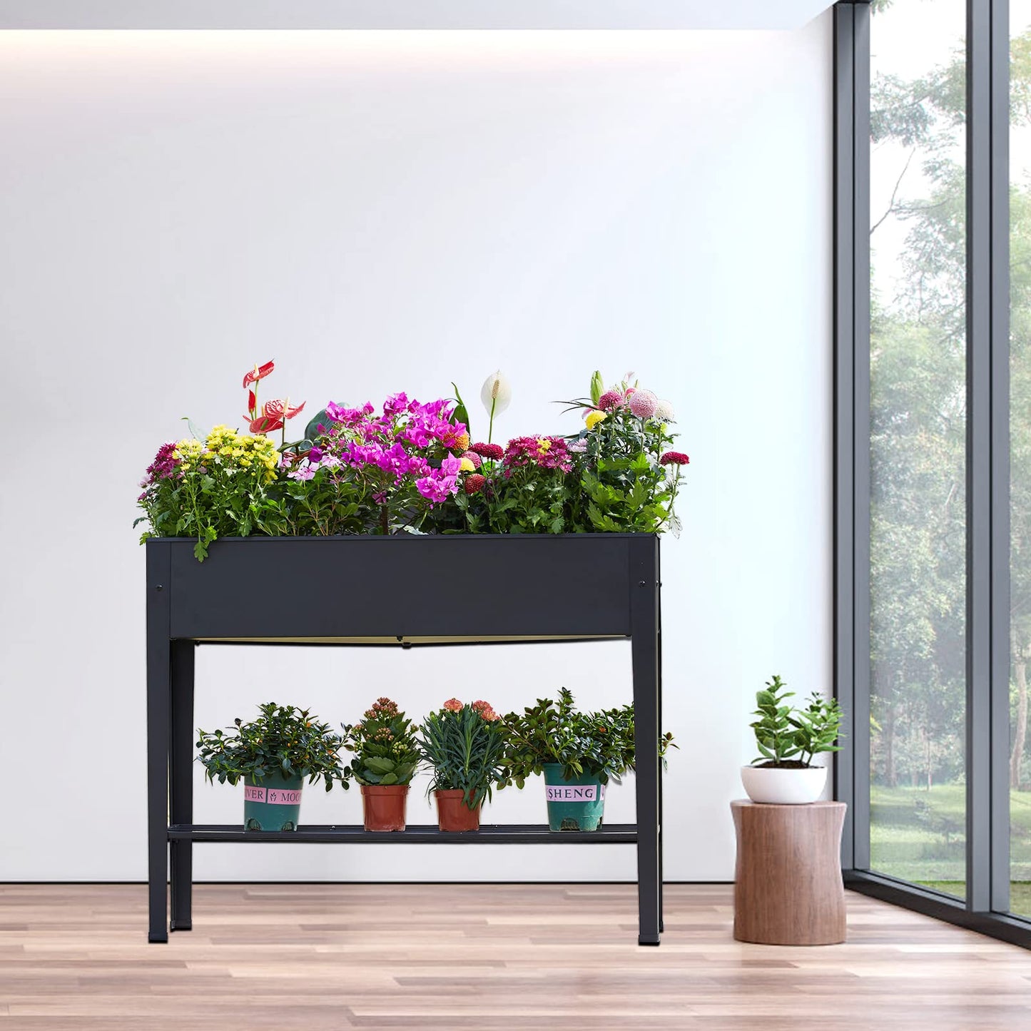 Piksedo Raised Garden Bed, Elevated Planter Black Metal Plant Box with Legs Standing Garden Stand Drainage Holes Black