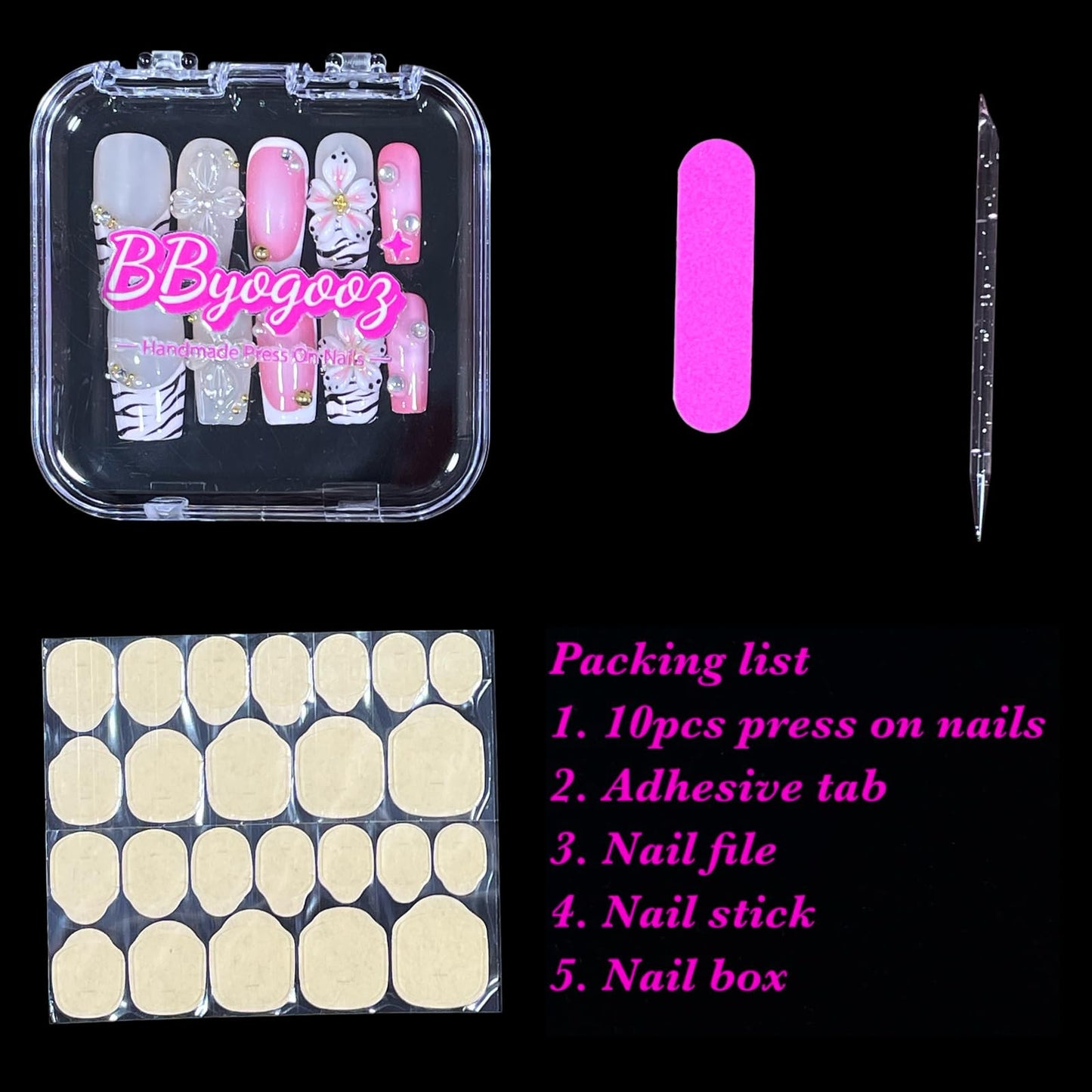 Handmade Press On Nails Short-Medium Square Bold Pink Zebra Stripes & 3D Floral | Glitter Flowers With Gold Accent | Reusable Acrylic Fake Nails for Parties & Daily (Pink Zebra, L)