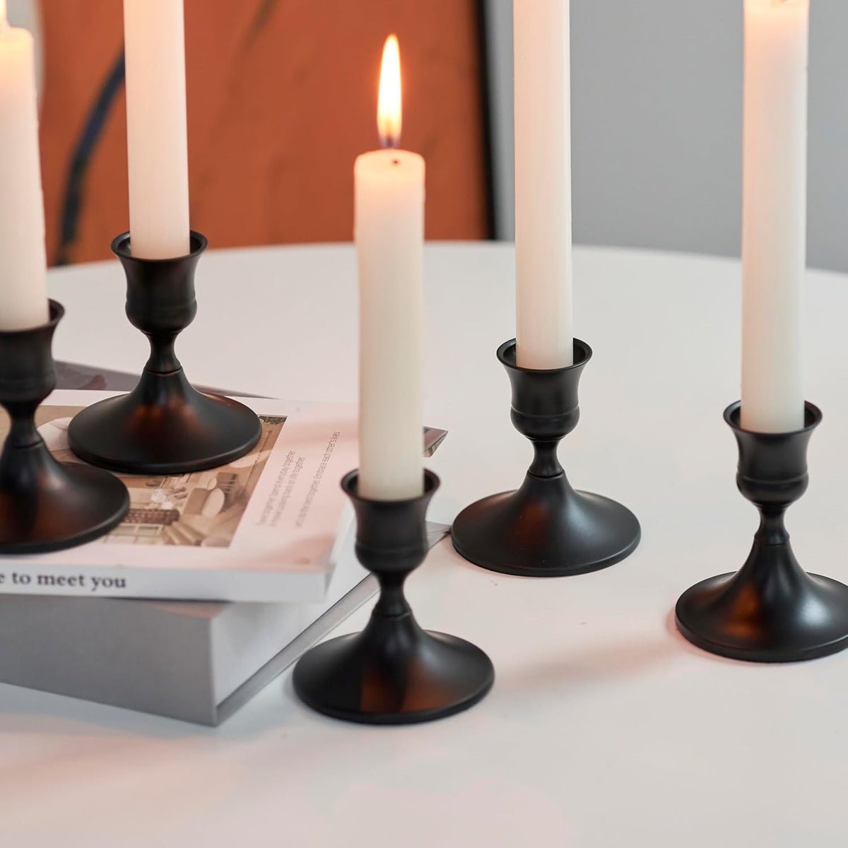 Black Taper Candle Holder, Candlestick Holders, Vintage Metal for Table Centerpieces Wedding Decor (Matte Black, 12 Pcs)