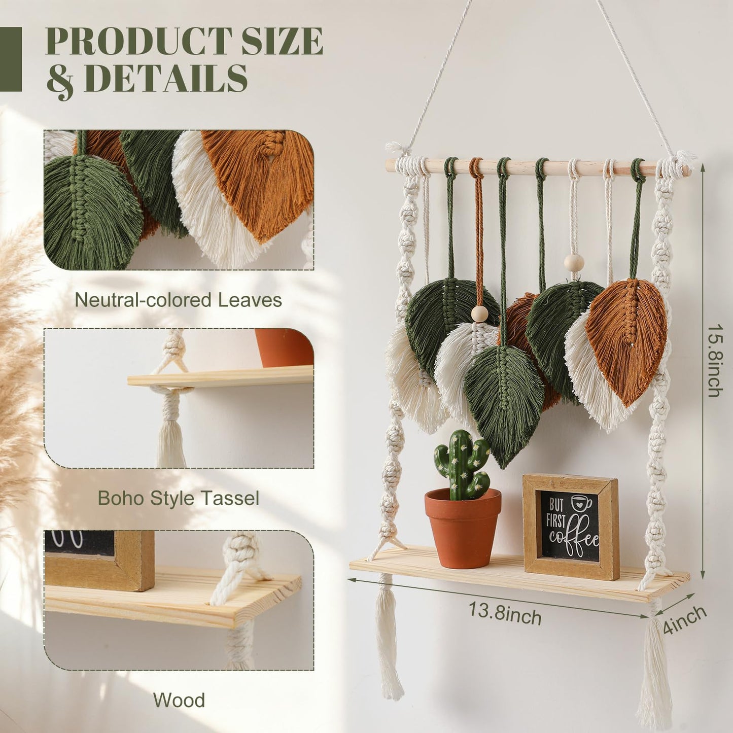 Fiwochic Single Tier Macrame Boho Wall Hanging Shelf Handmade Bohemian Wooden Woven Floating Storage Shelves Decor Photos Plants Display Shelving for Nursery Bathroom Bedroom Living Room