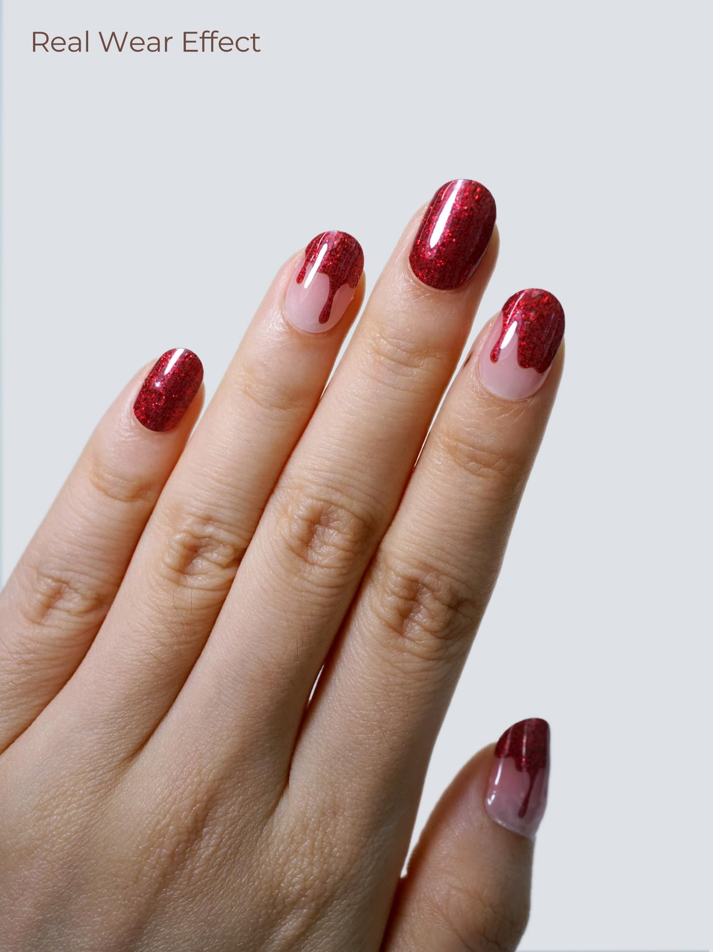 Beaolata Real Gel Nail Strips (No UV Light Needed) - 44Pcs Salon Quality Nail Stickers - Long Lasting Polish Wraps for Women, Easy Apply & Remove (Ruby Glitter)
