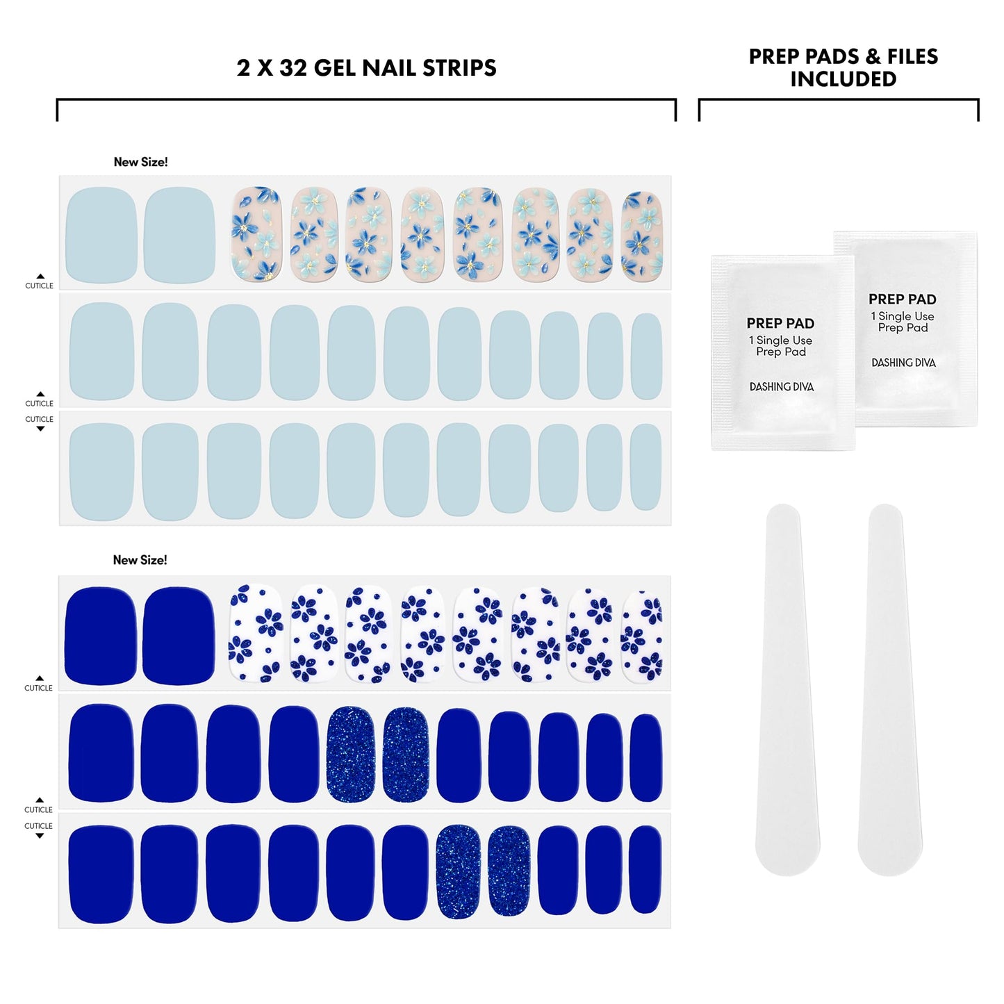 Dashing Diva Gloss Nail Strips Bundle - The Blue Blossom Collection - June Bloom & Flor Azul - UV Free, Chip Resistant, Long Lasting Gel Stickers - Contains 2 Sets