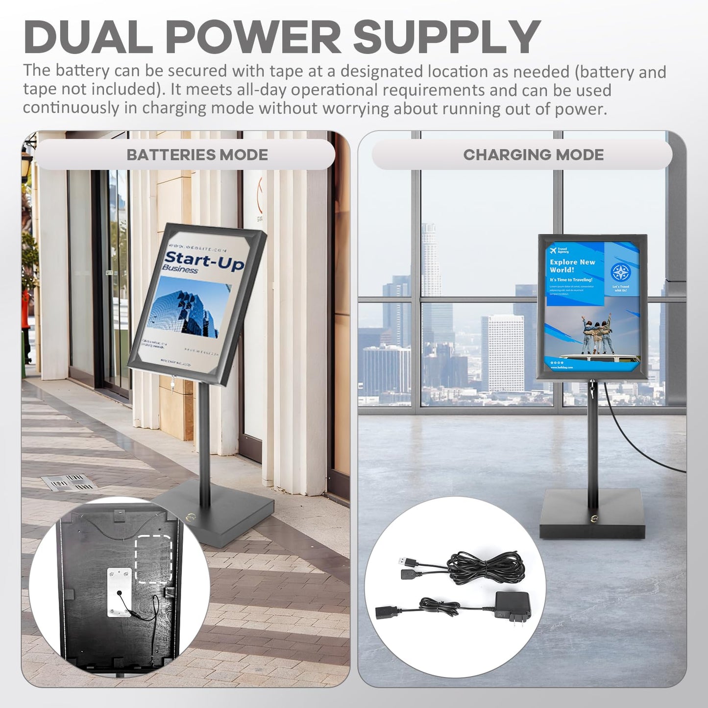 Vaste Large Steel Menu Displays Adjustable Floor Standing Holder Advertising Display with Cover Heavy-duty Base LED Lights Locks for Shopping malls restaurants conferences exhibitions（Black）