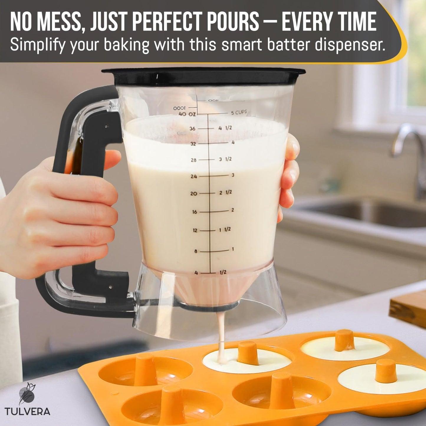 Pancake Batter Dispenser | 5-Cup Mix Pourer for Pancakes, Waffles, Crepes, Muffins, Cupcakes | Squeeze Handle, Portion Control Pitcher, Durable Drip-Free Design | Baking Accessories (Original Black)