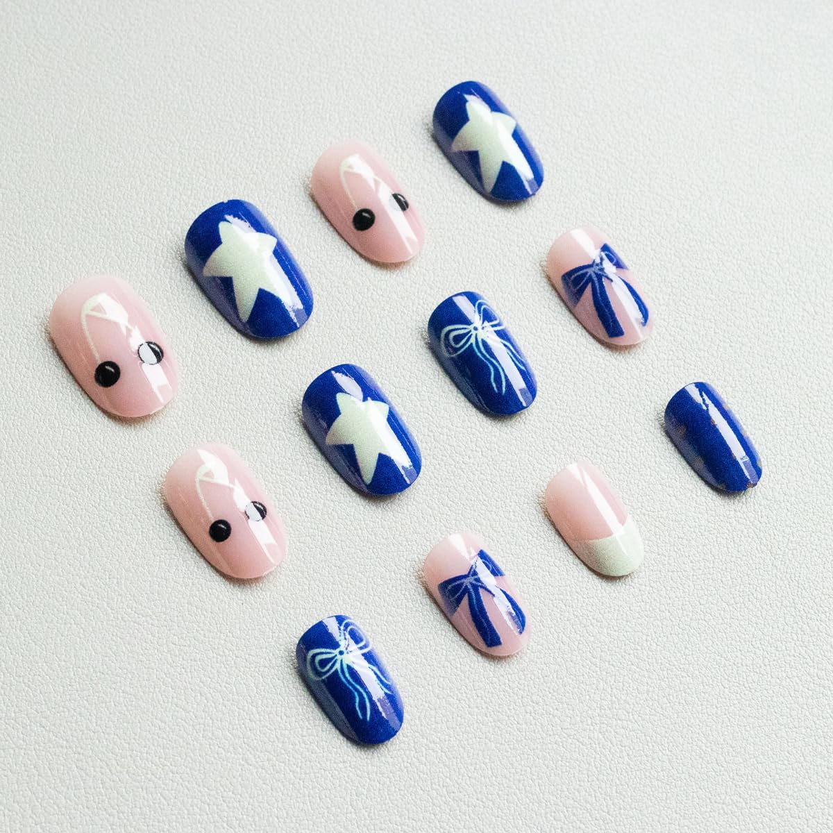 Blue Press on Nails Medium Oval Fake Nails French tip Nails Press ons with Polka Dot, Leopard, Star Design,Cute Reusable Artificial Nail Full Cover Stick on Nails for Women Manicure 24Pcs