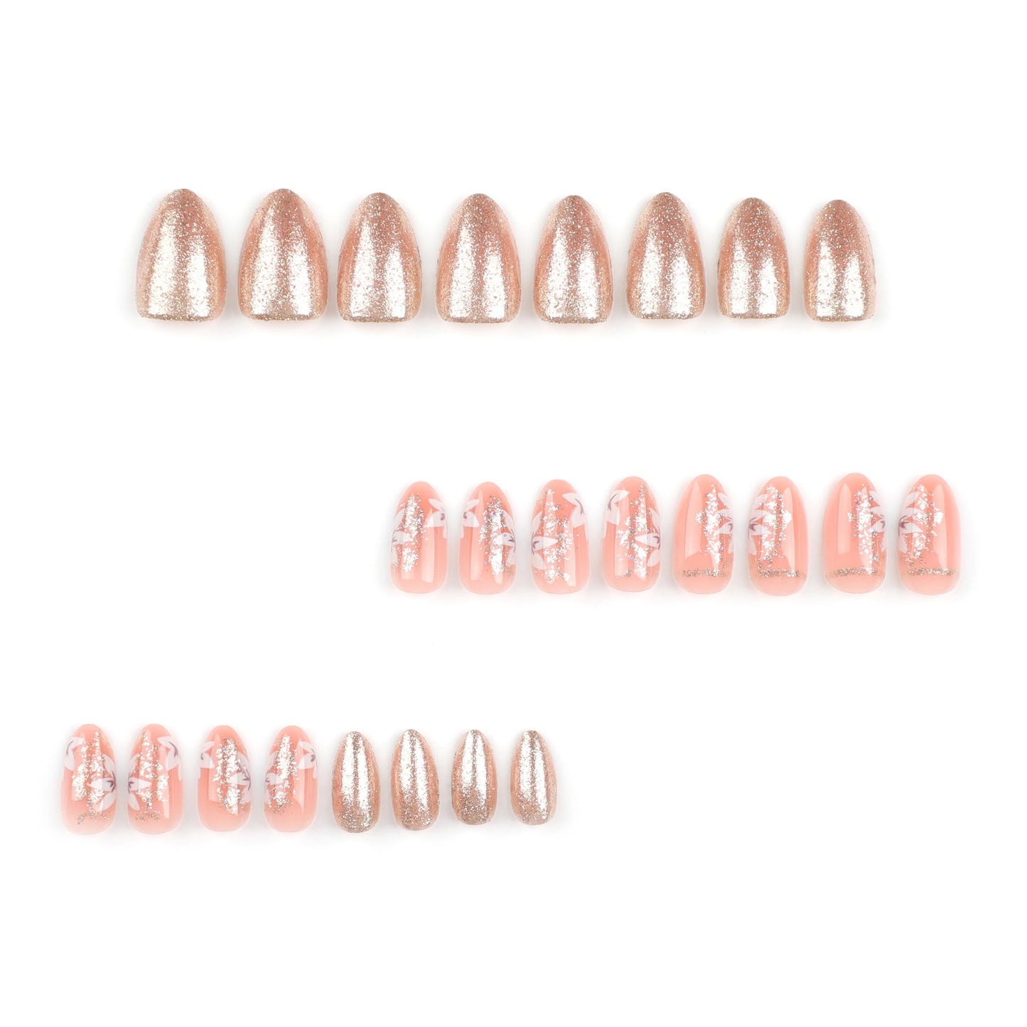 CTTHNBD Press on Nails Medium - Almond Fake Nails with Flower Design - Gold Glitter Full Cover Stick on False Nails - for Women 24 Pcs