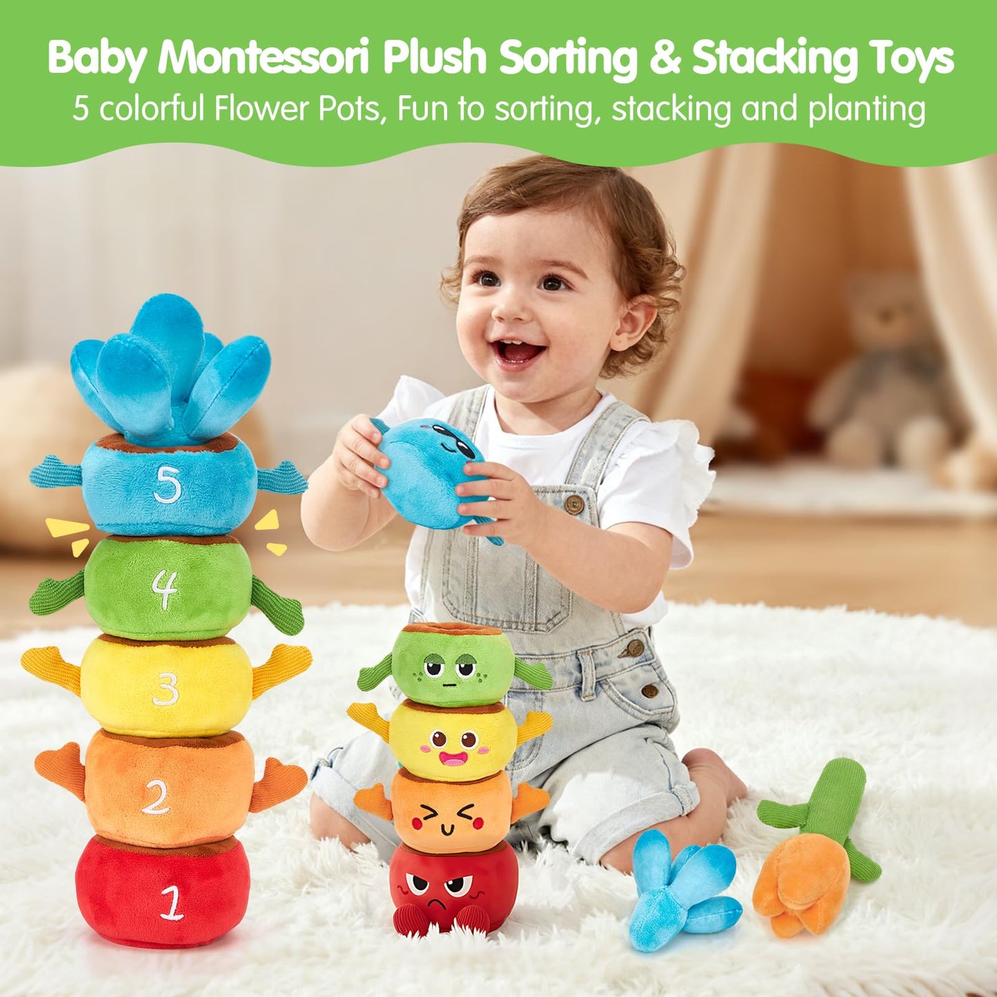 hahaland Montessori Baby Toys Bundle for 6–18 Months – Silicone Activity Tissue Box Cube & Plush Garden Stacking Toy, Fine Motor, Sensory & Early Learning Gifts for Boys & Girls