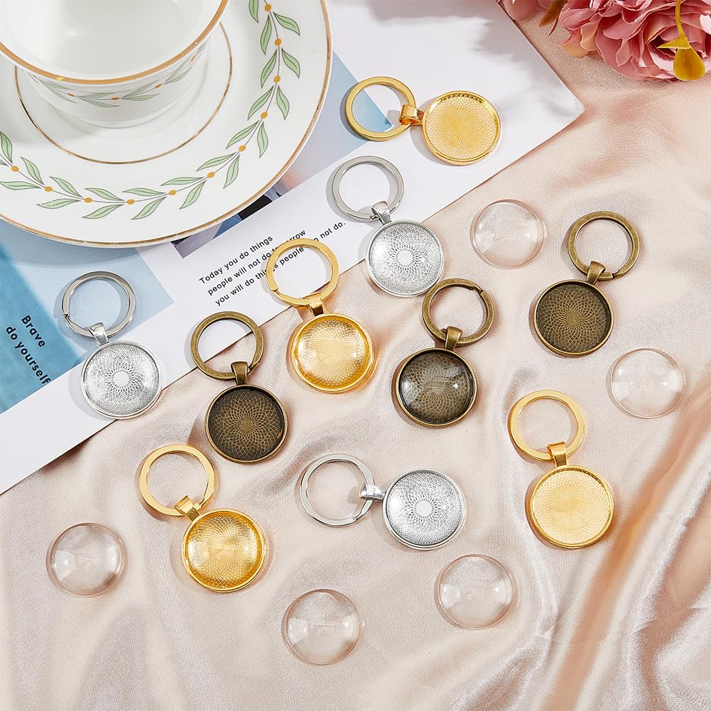 DICOSMETIC 18 Sets 3 Colors Keychain Pendant Tray Alloy Blanks Cabochon Settings and Glass Cabochons DIY Blank Dome Keychain Making Kit for Photo Resin Personalized Crafting