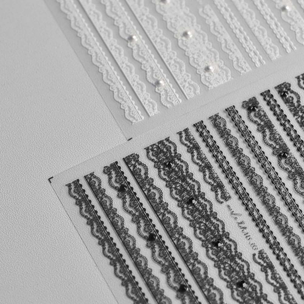 Black Lace Nail Art Stickers – Elegant 5D Embossed Strips, Premium Self-Adhesive Design for DIY Manicure, French Tips, Gothic, Minimalist Nails, Salon-Quality Stickers, Press on, Home or Salon