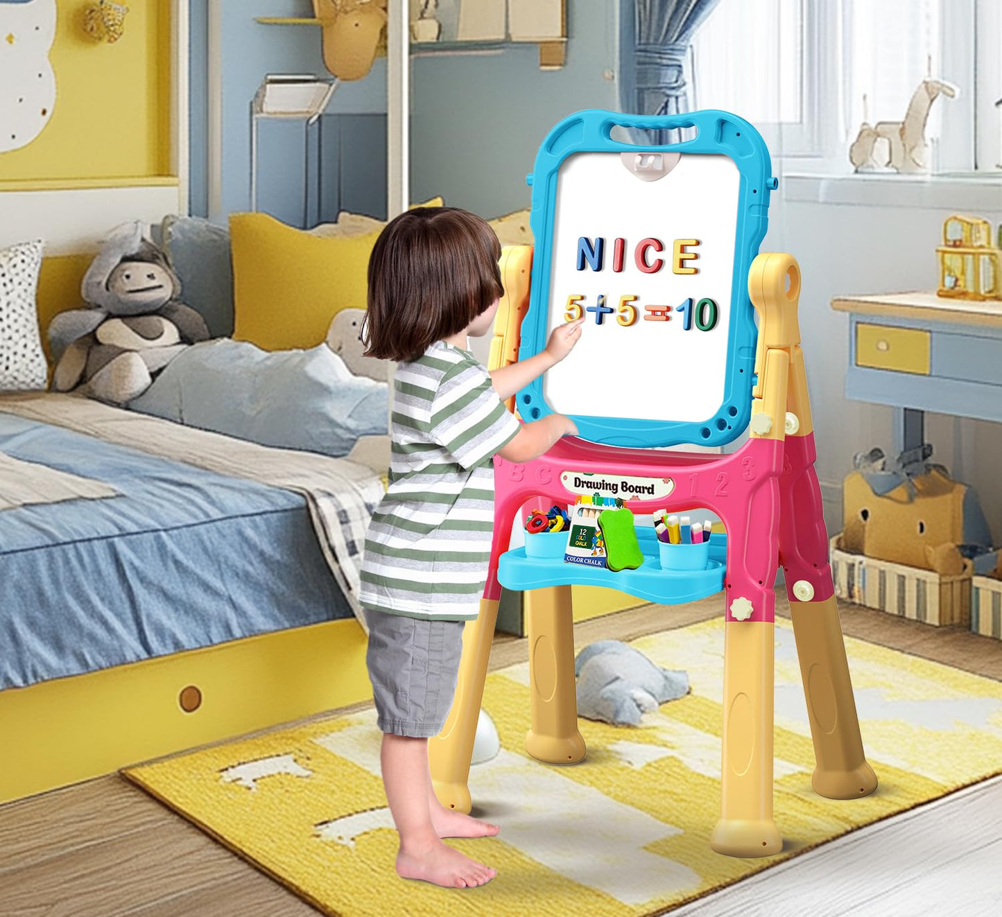 Juivin Art Easel for Kids Double Sided Magnetic Drawing Board with Letters & Numbers, Adjustable Standing Easel for Toddlers, Creative Play & Learning Toys for Kids - Blue