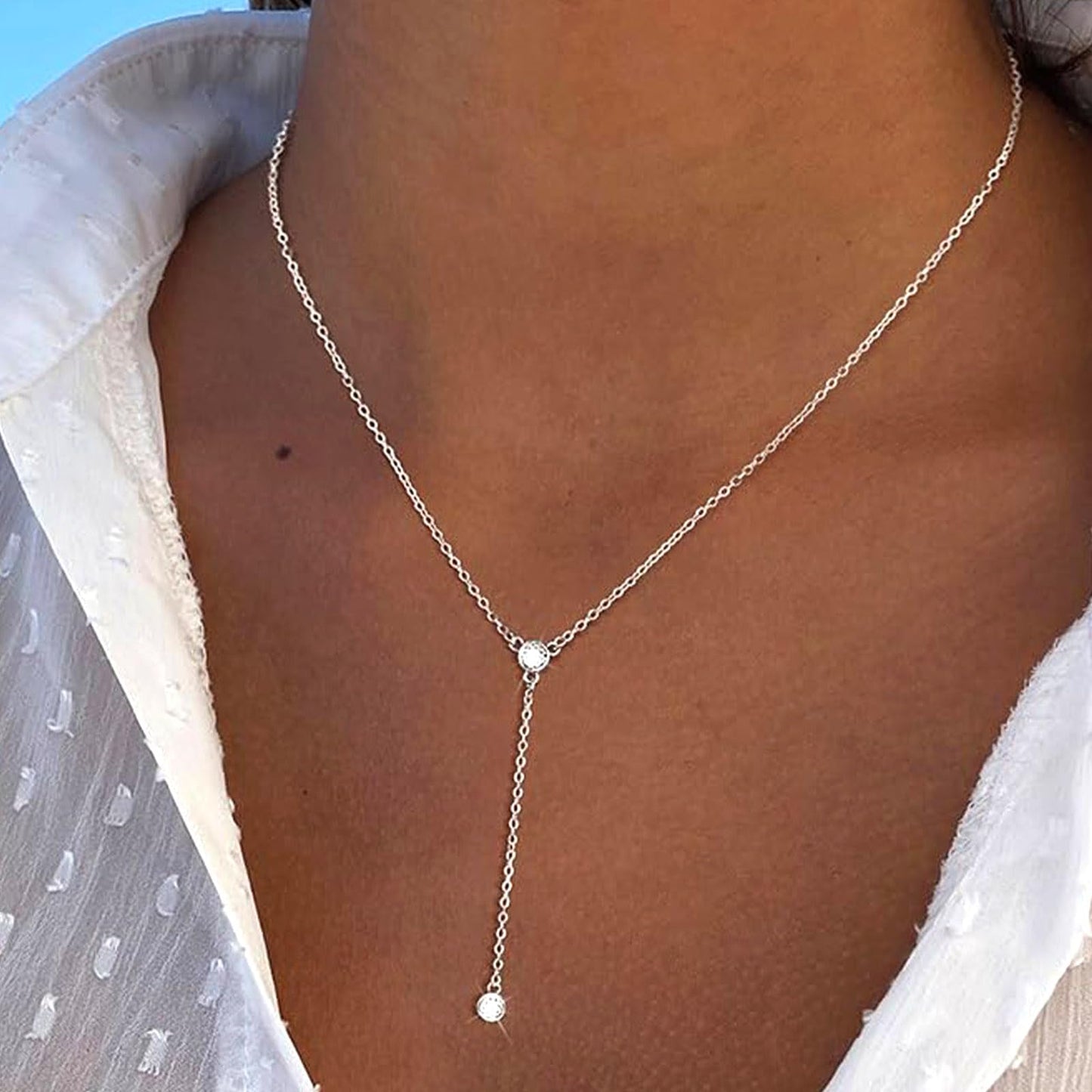 Zeffy Long Silver Necklace for Women- Dainty Silver Plated Teardrop Drop Lariat Necklace Trendy Simple CZ Y-Shaped Body Chain Stack Wedding Prom Dangle Statement Necklace Jewelry Gifts