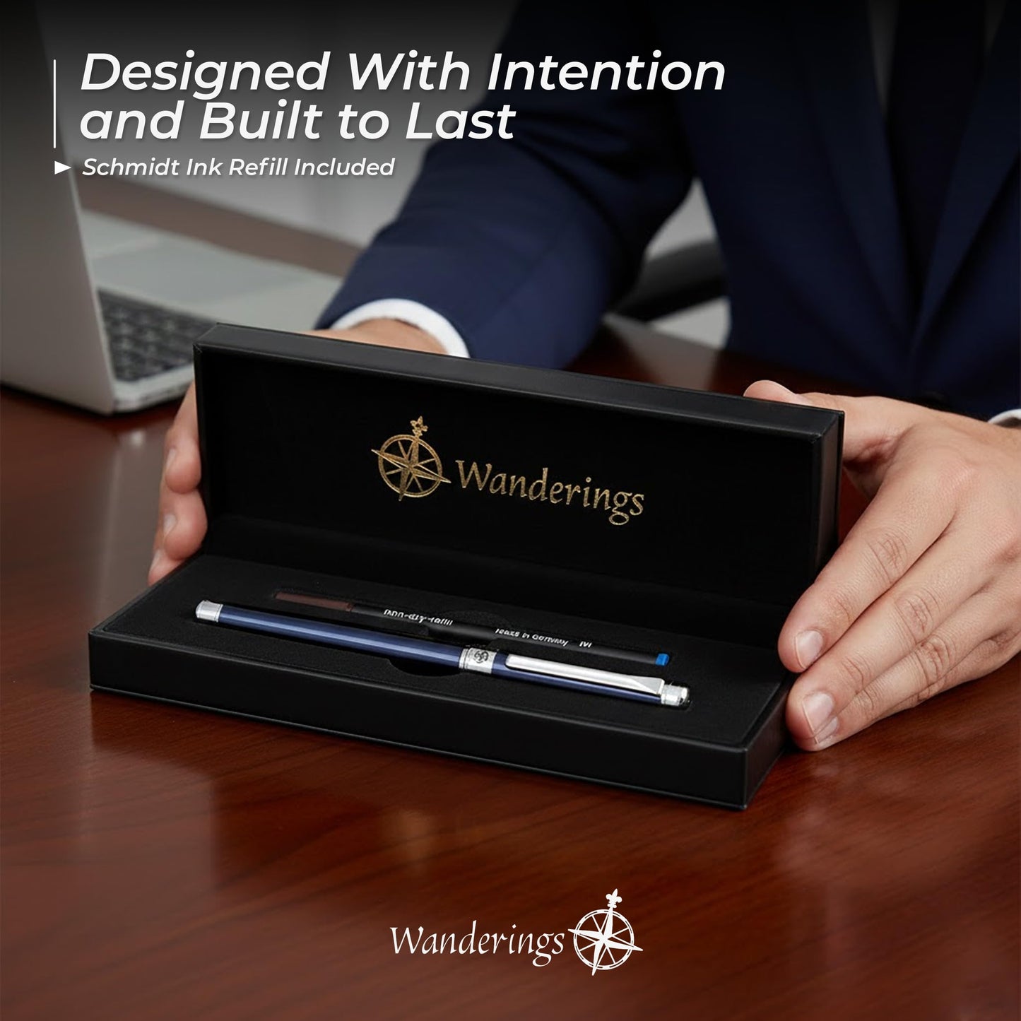 WANDERINGS Premium Rollerball Pen with German Ink – Perfectly Balanced for a Superb Writing Experience, Chrome Accents – Blue Breeze - Includes a Schmidt Refill in a Giftable Presentation Case