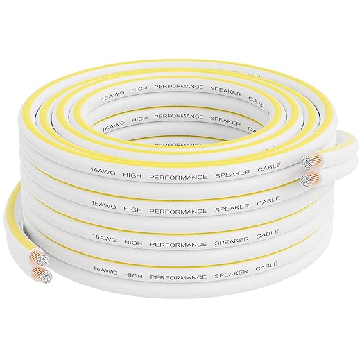 Mygatti 12AWG Speaker Wire 25 FT, 12/2 Gauge Audio Speaker Wire, for Car Speakers Stereo, Home Theater, Automotive Wire, White Jacket with Yellow Polarity Marker, CCA, 2 Conductors Electrical Wire