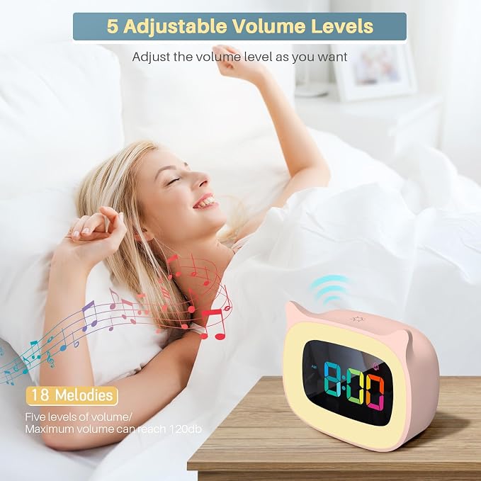Cute Cat Ear Alarm Clock with RGB 7 Color Night Light,Pink