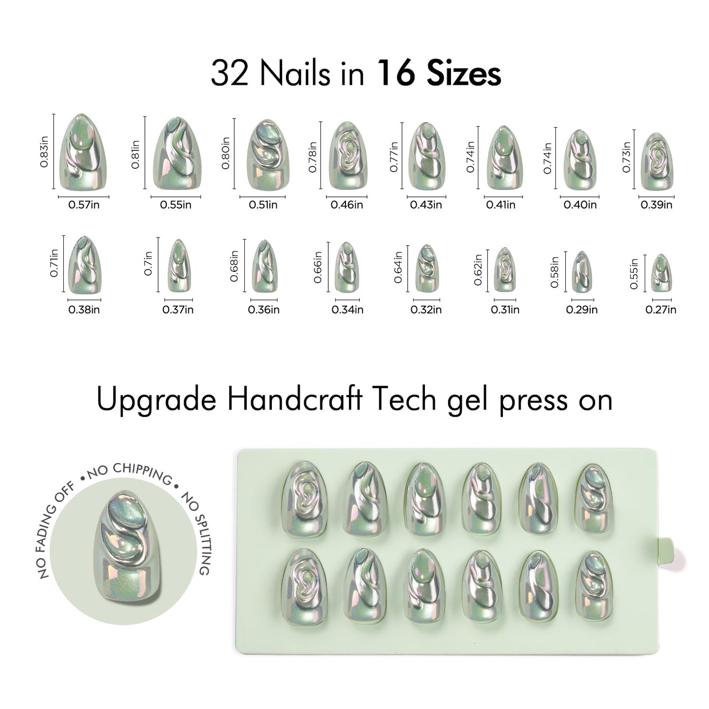 VSALON Press on Nails Short Almond - Chrome Silver Cat Eye 3D Swirl Design Fake Nails Kit for Women, Reusable Salon Quality Spring Summer Glue on Nails - 32 PCS Stick on Nails in 16 Sizes with Glue