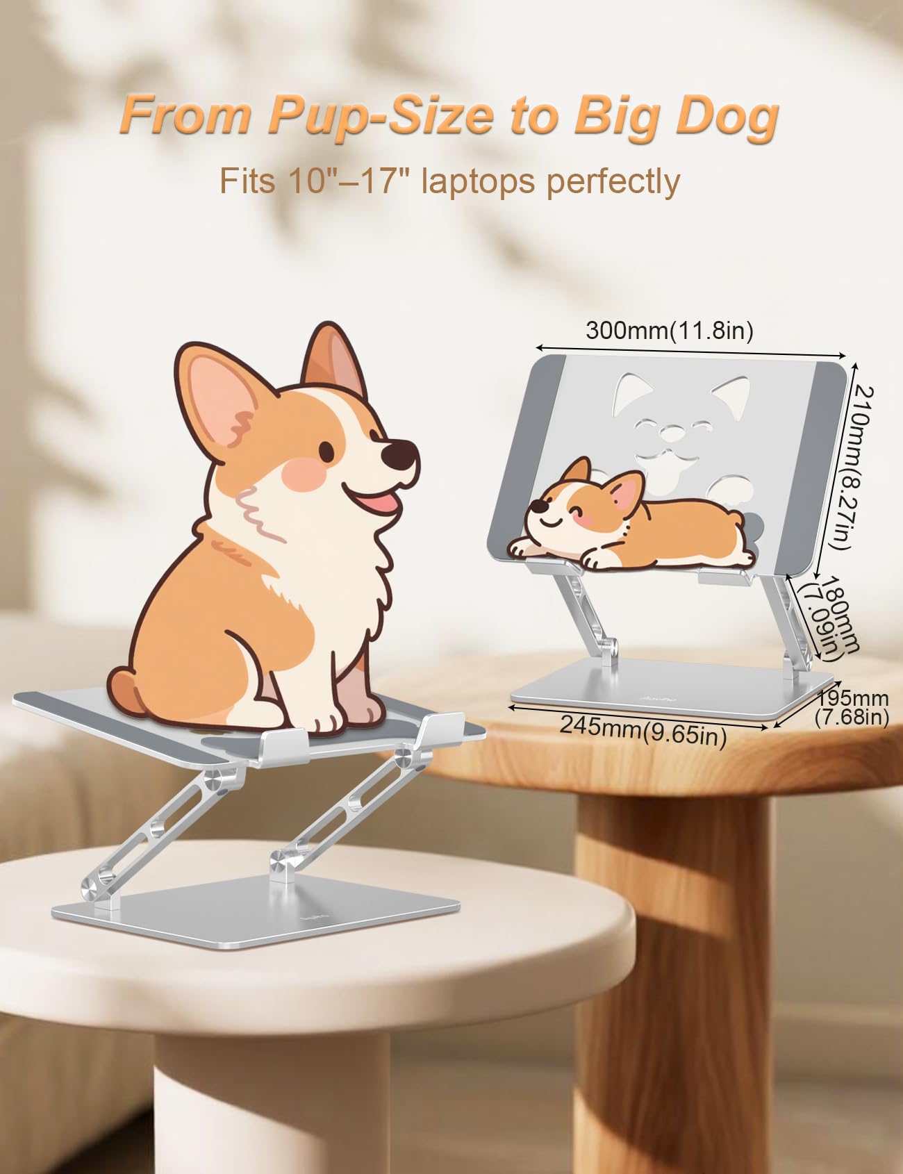Aoviho Laptop Stand for Desk-Adjustable, Foldable, Portable, Ergonomic Aluminum Notebook Riser with Unique Puppy Cooling Vent, Desk Gift for 10"-17.3" Devices Mac, Dell, HP, Lenovo, Samsung, Silver