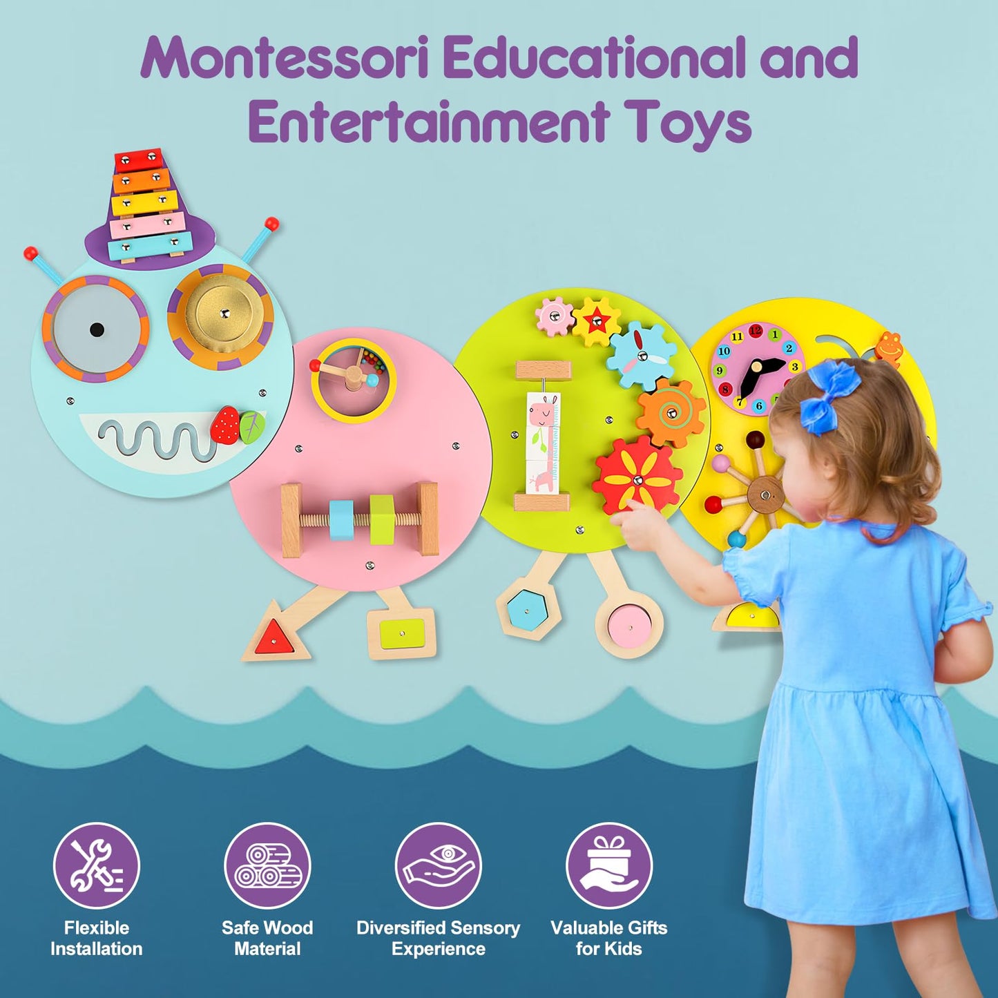 Sinpedex Caterpillar Activity Wall Busy Board for Kids:12 in 1 Sensory Wall Panel for Toddler,Wooden Montessori Educational Toys for Playroom Daycare Nursery Classroom