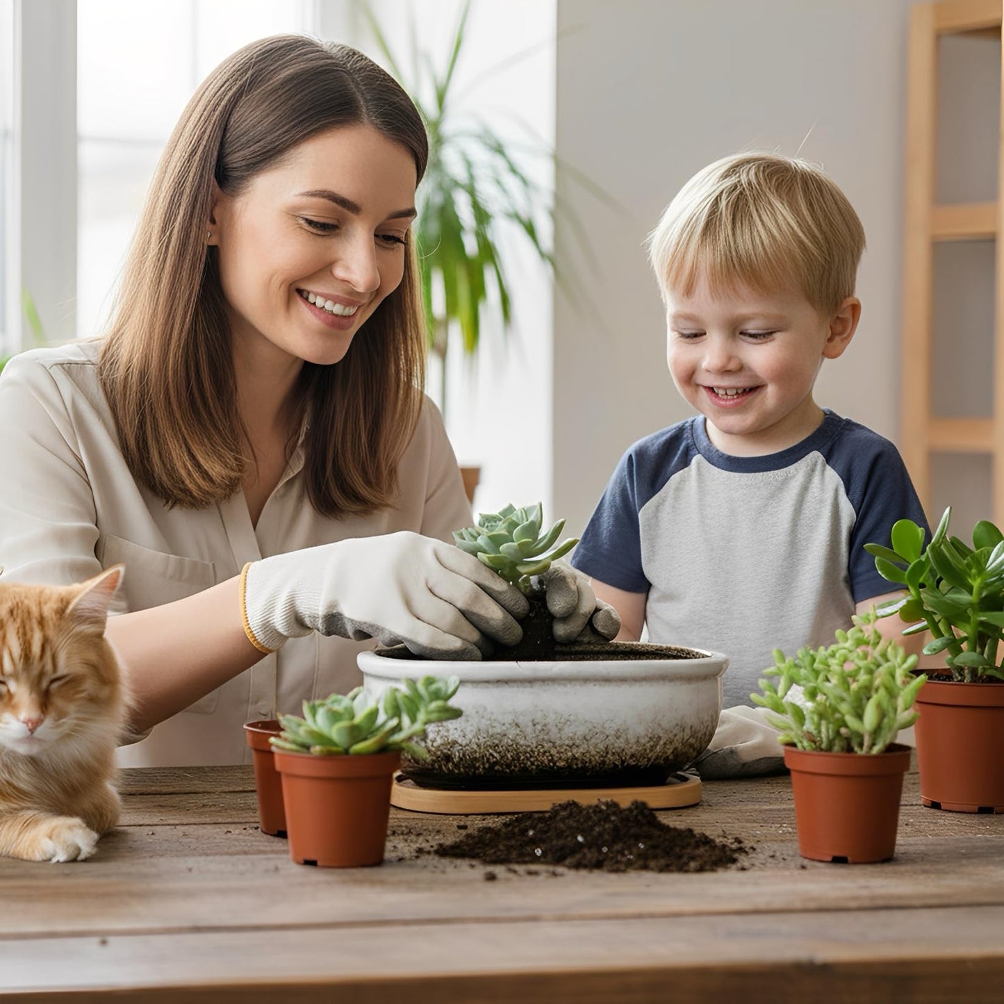 Succulent Pots, 1 Rectangle Planter + 1 Ceramic Bonsai Pot with Drain Tray, 2 Pack Large Shallow Succulent Planters for Indoor Plants, Round Cactus Flower Plant Pot for Desk Windowsill Decor