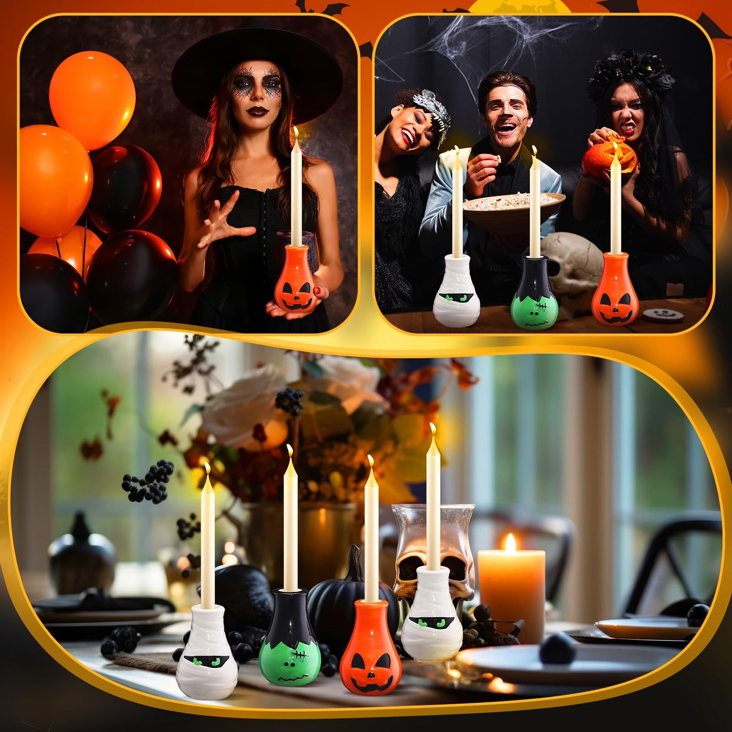 LemonRoad 3 Pcs Fun Halloween Candlestick Holders Pumpkin Wine Glass Candle Stick Holders Ceramic Taper Candle Holder for Halloween Party Holiday Office Home Decor Gift
