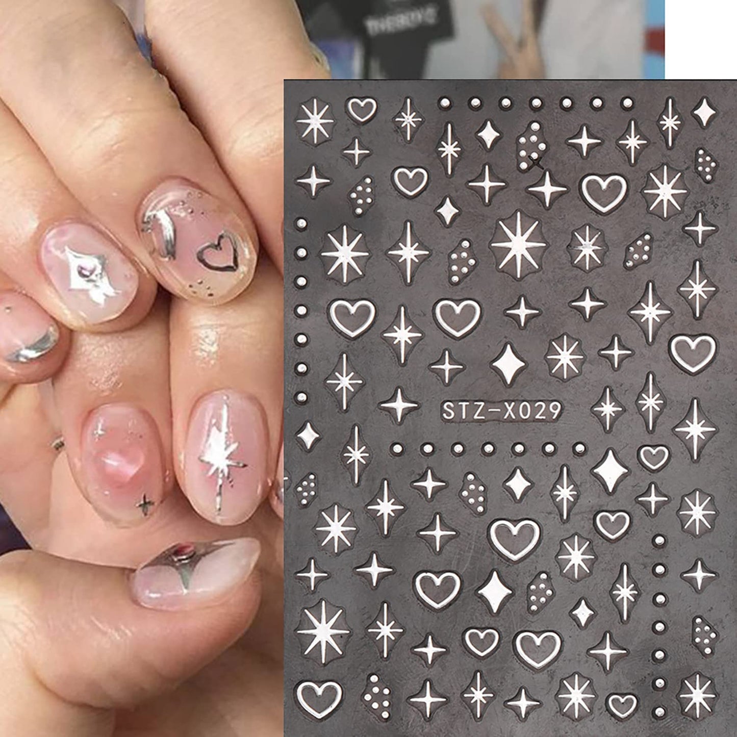 6 Sheets Sun Star Nail Art Stickers 3D Self-Adhesive Fish Bone Nail Decals Moon Nail Stickers Snowflake Love Heart Design Nail Art Supplies for Women Girls Acrylic Nails DIY Nails Art Supplies