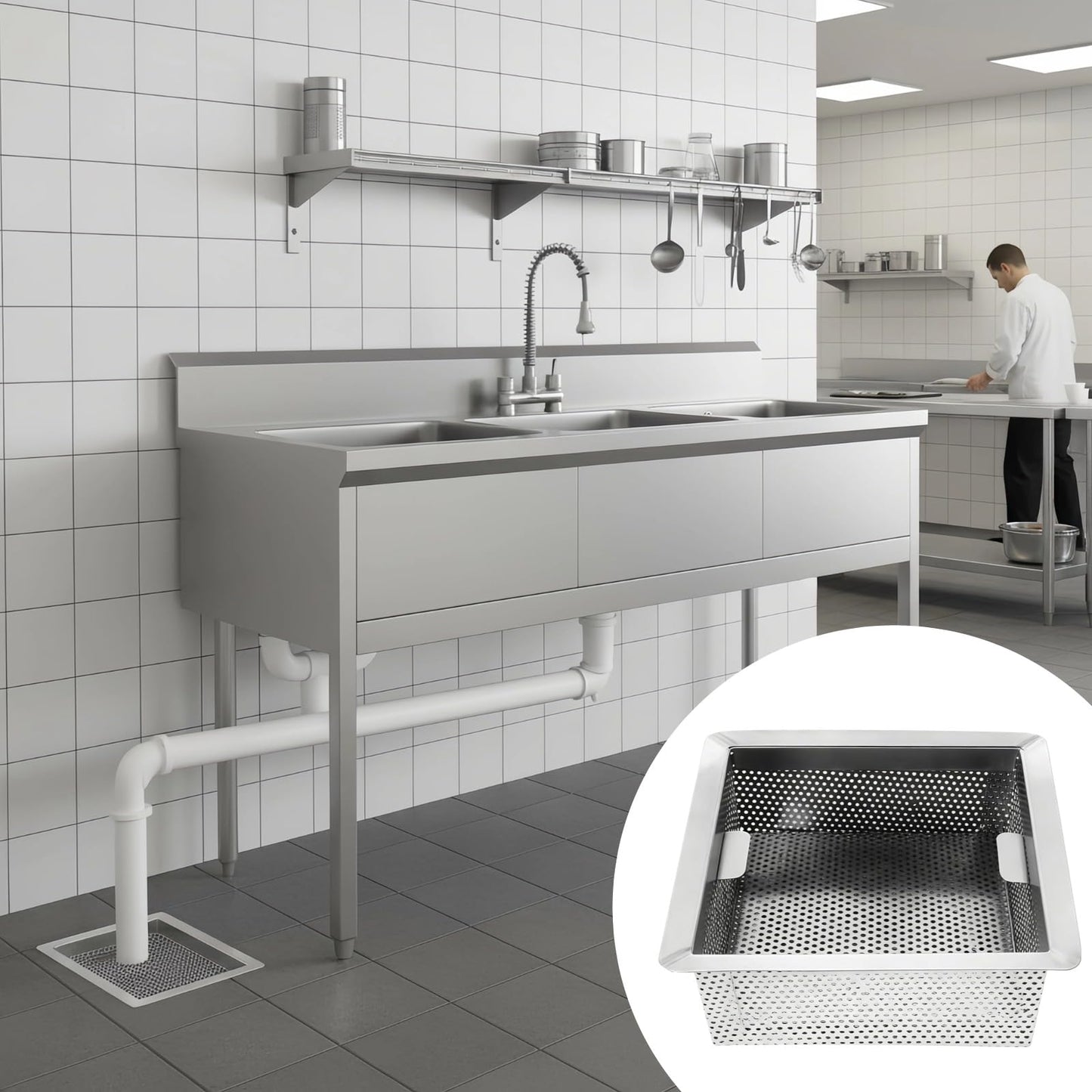 Stainless Steel Floor Drain Strainer, 8.7 x 8.7 x 3.1 in, Large Capacity, Anti-Clog, Kitchen Sink Drain Cover, Easy to Clean, Long-lasting, for Kitchen, Bathroom, Balcony