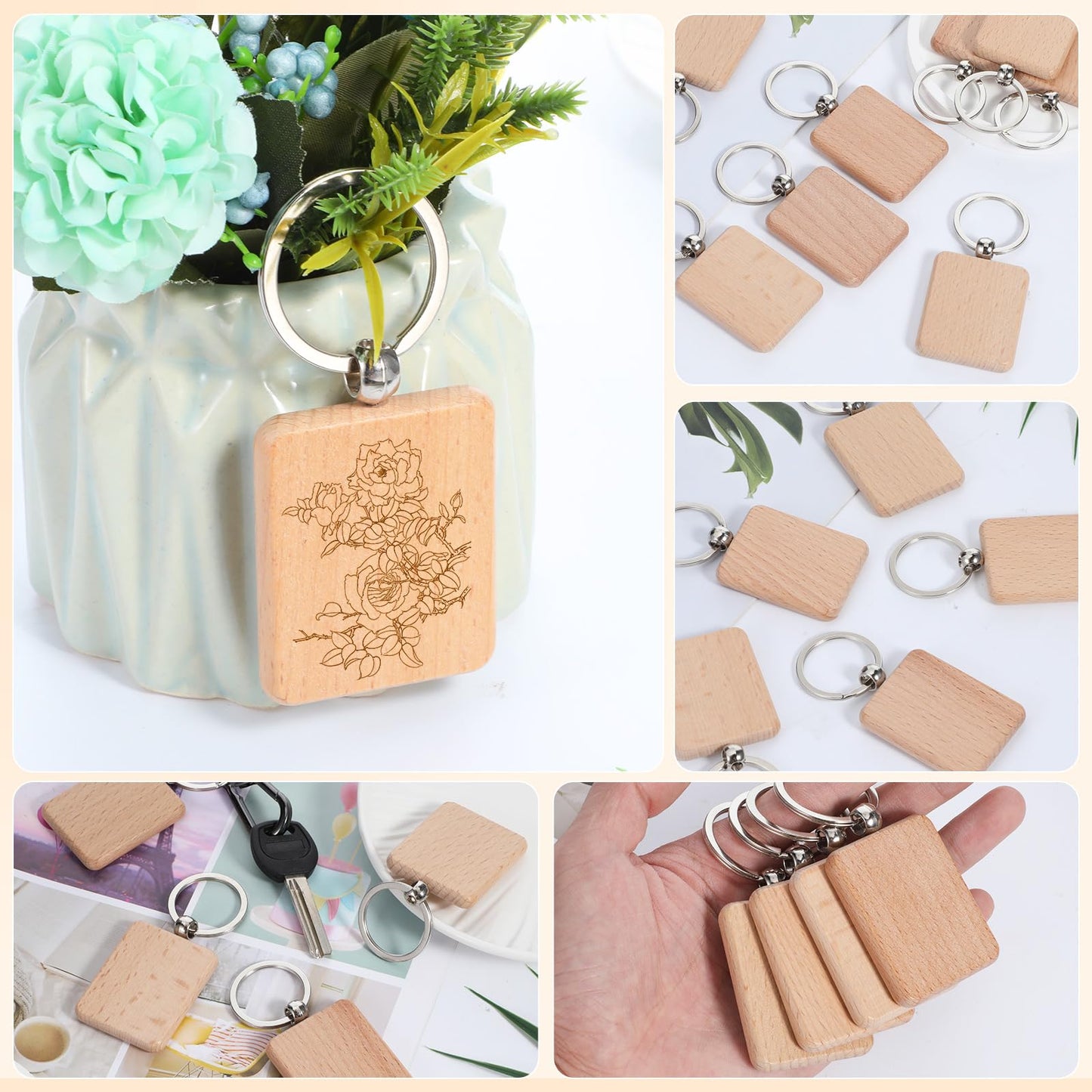 50 Pcs Wooden Keychain Blanks Laser Engraving Blanks Wood Blanks Key Chain Bulk Unfinished Wooden Key Ring Key Tag for DIY Gift Crafts
