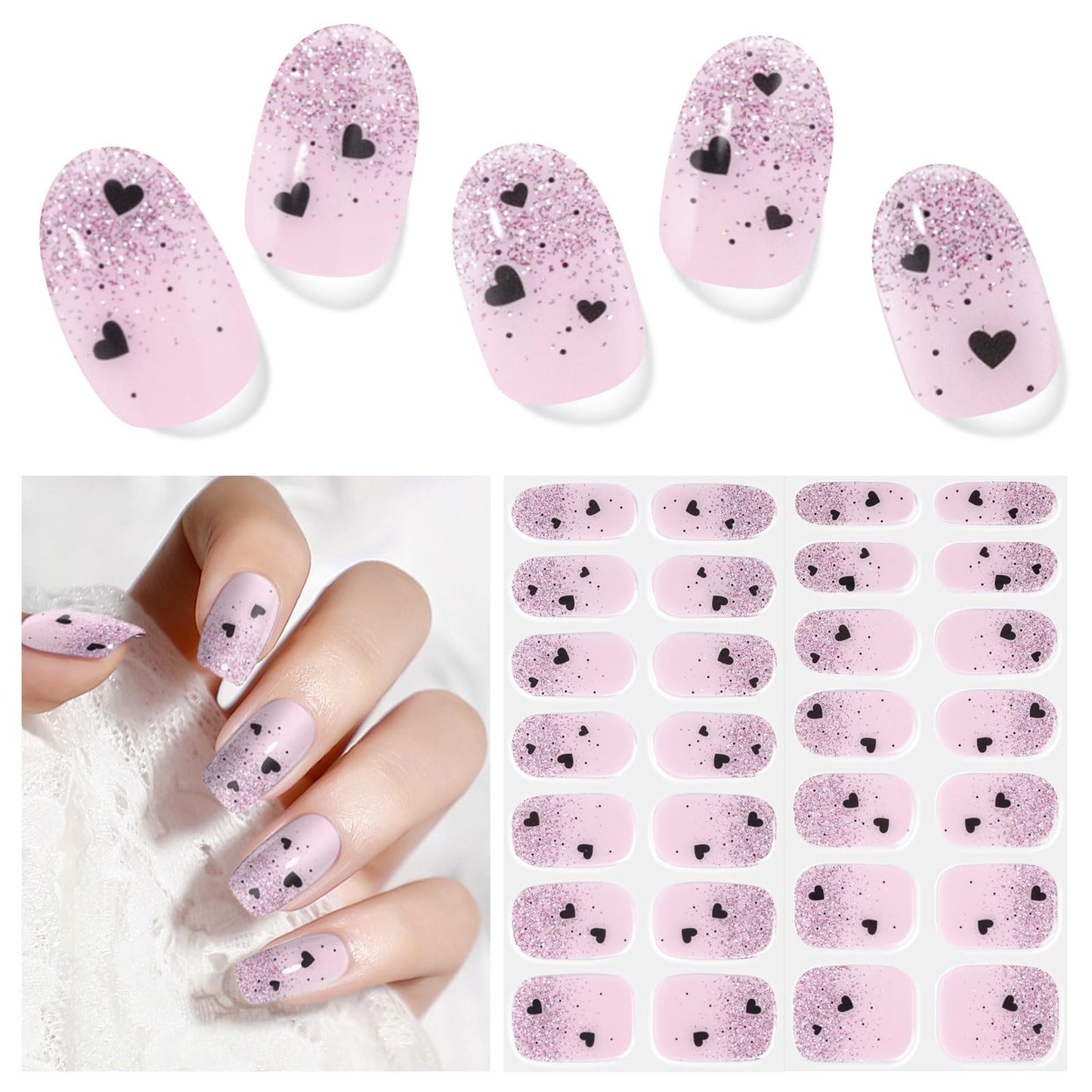 DUKASOU Semi Cured Gel Nail Strips,28 Pcs Heart Gel Nail Stickers/Wraps,Long Lasting Polish Stickers UV Light Requried,Easy to Apply for Dating,Wedding,Holiday