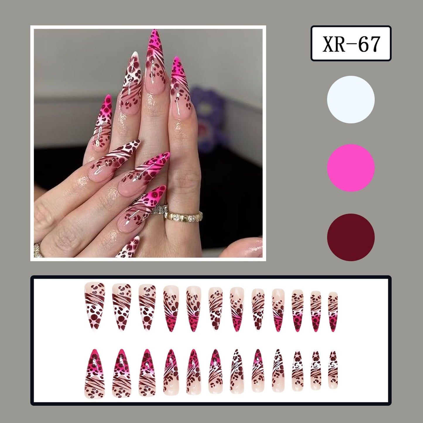 Stiletto Press On Nails Long Fake Nails Leopard Print With Gradient Design French Tip False Nails Full Cover Artificial Glossy Acrylic Nail Reusable Stick On Nail For Women Manicure Art 24pcs