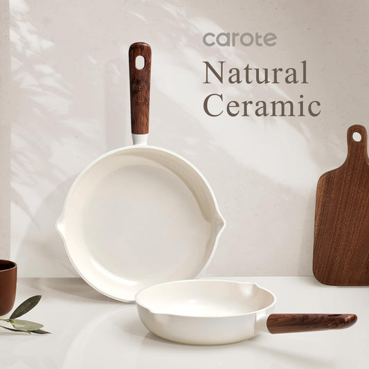 CAROTE Nonstick Frying Pans Skillets, Ceramic Coating Non-Stick Frying Pans Set, 5 PCS, Non-toxic Healthy & PFOA Free, Induction Compatible, 8+9.5+11 Inch with Colander Lid and Spatula, Cream White