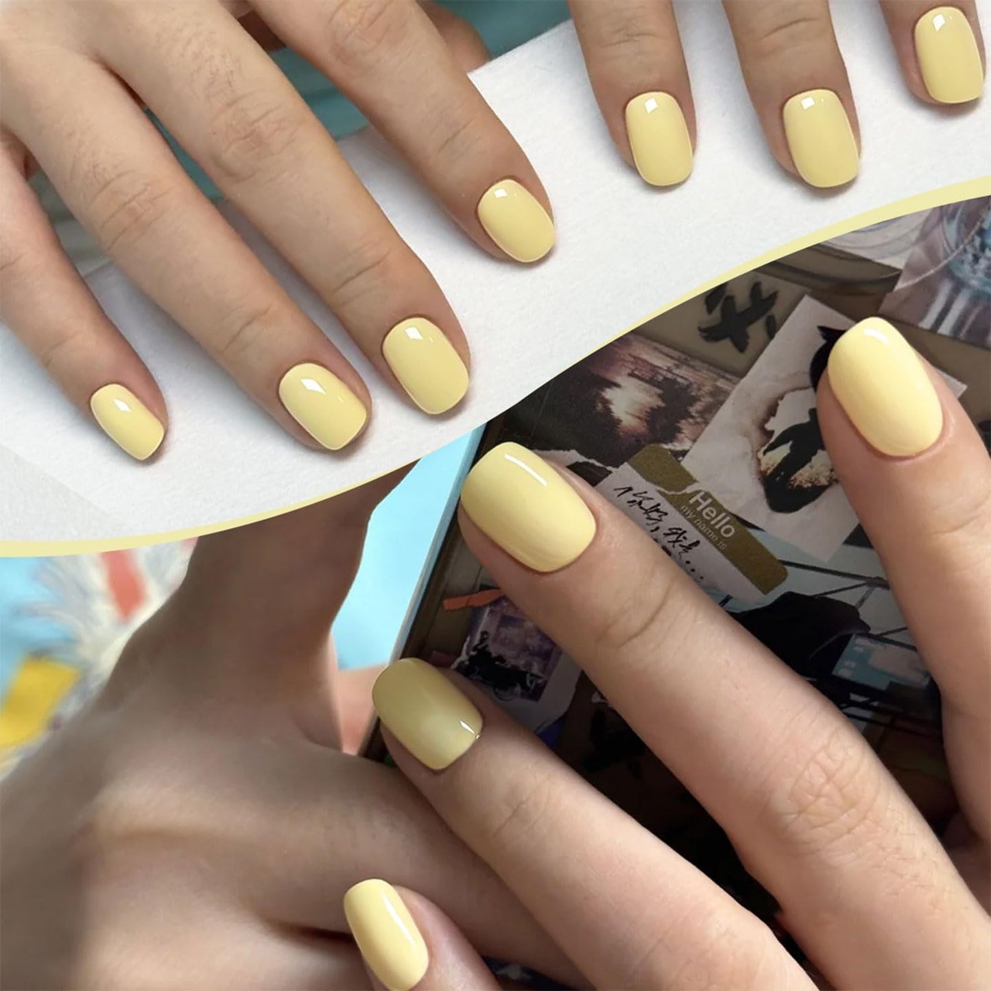 Press on Nails Short Square Fake Nails Yellow Nails Press Ons Solid Color Acrylic False Nails Glossy Full Cover Glue on Nails Yellow Reusable Stick on Nails for Women 24Pcs