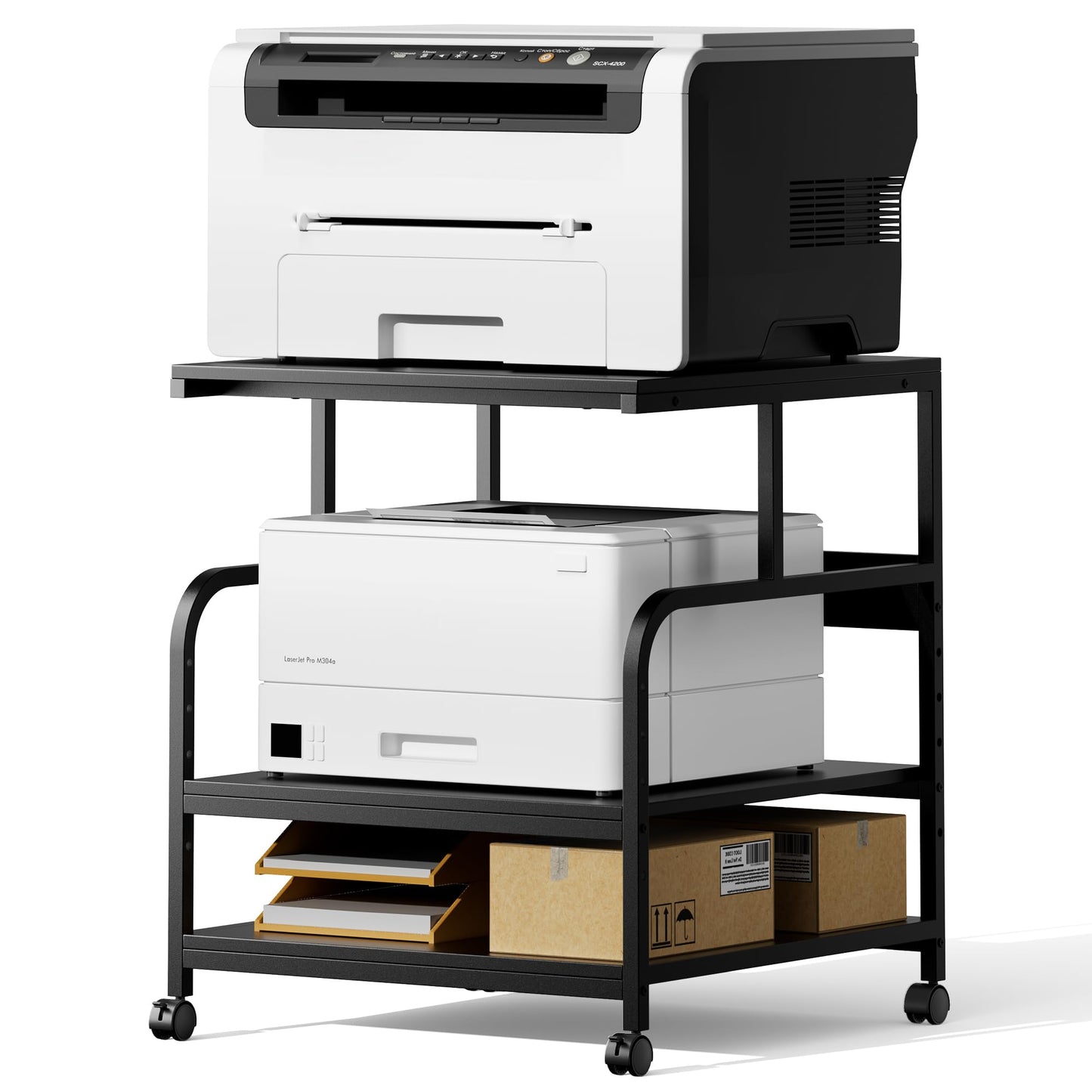 Warmiehomy Printer Stand, 24''×24''×29'' Large Printer Table for Home Office with Locking Casters, Sturdy 3-Tier Rolling Cart with Adjustable Shelf, Mini Fridge Stand, Home Office Essentials, Black